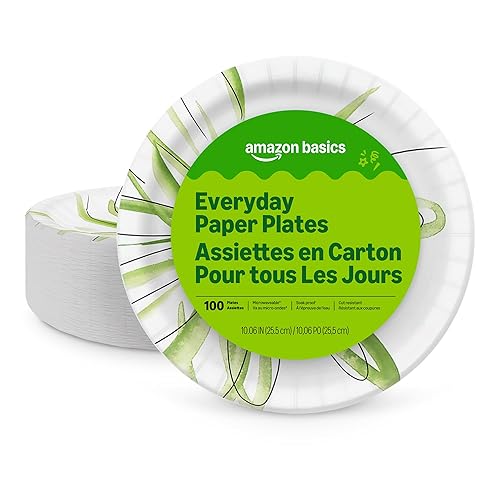 Amazon Basics Everyday Paper Plates, 10 Inch, Disposable, 100 Count, Packaging May Vary
