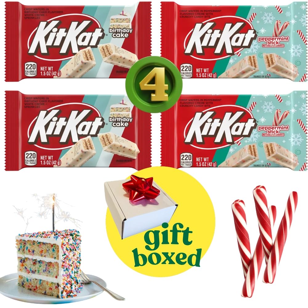(PACK OF 4) Kit Kat Peppermint Stick & Birthday Cake Candy Chocolate Bars - Holidays Flavors - 1.5oz Each Bar - Comes Inside a Gift Box To Surprise