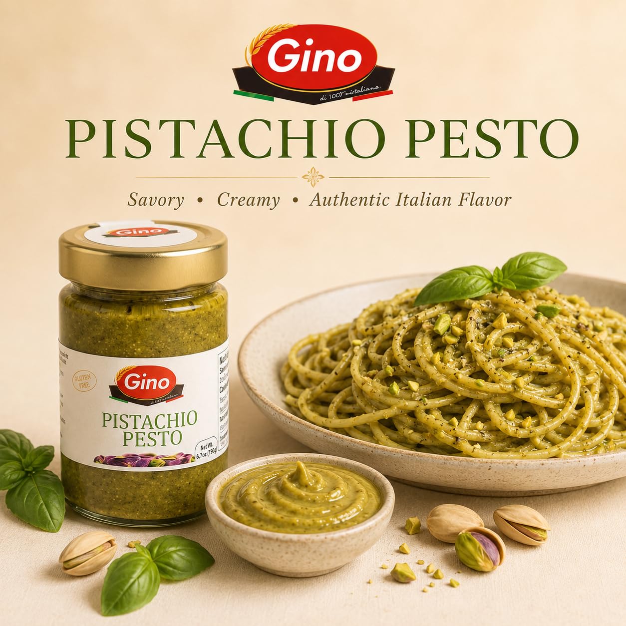 Gino Pistachio Pesto, 6.7 Ounce | Sicillian Pistachio Pesto - Gluten Free