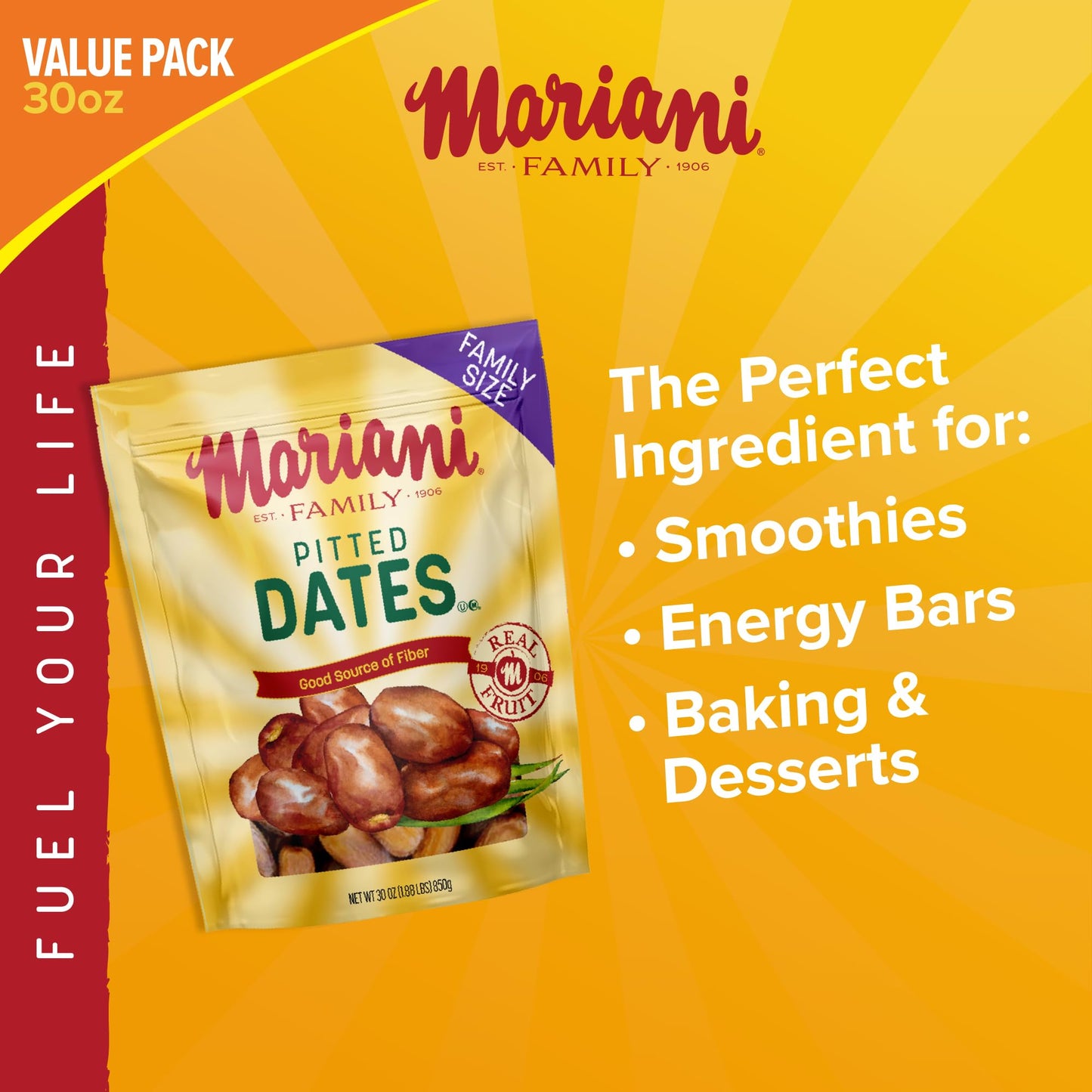 Mariani Dried Pitted Dates, 30oz Bag - Dried Dates Pitted No Sugar Added, No Dairy, Vegan, and Full of Fiber for Snacking, Cooking and Baking