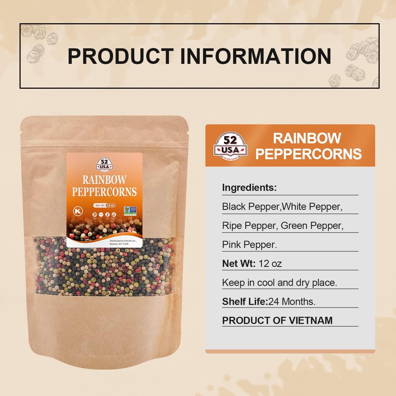 52USA Rainbow Peppercorns, 12oz, Peppercorn for Grinder Refill, Non-GMO, Kosher, Whole White & Red & Black Peppercorns, Packed to Keep Peppers Fresh