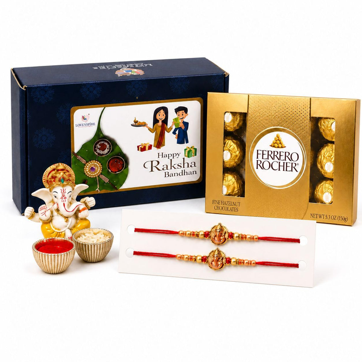 LoveNspire Raksha Bandhan Gift Hamper for Brother & Bhabhi - Includes 2 Designer Rakhi Bracelets, Ganesha Idol, Roli Chawal & Gift Box, Symbolizing