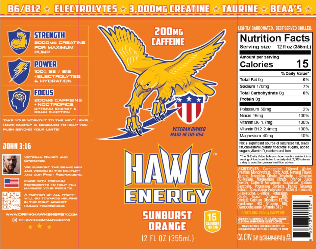 HAWK ENERGY PERFORMANCE - SUNBURST ORANGE - Premium Sugar Free Energy Drink - 12 Pack - 12 oz cans - Focus and Power - 3000mg Creatine, 200mg