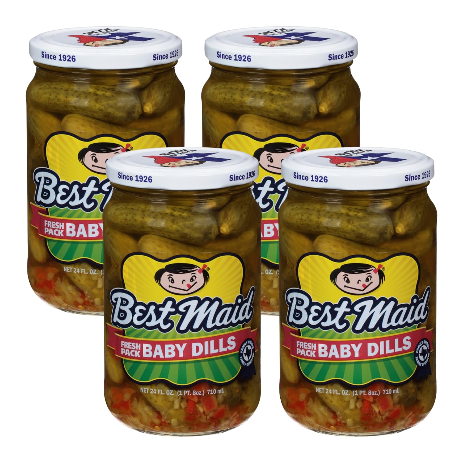 Best Maid Products - 24 Ounce Glass Jars Baby - Dill, Kosher, Hamburger Slices, Garlic Bites, Habanero Chips, & Xtreme Hot Pickles (4 Pack, Baby Dill)