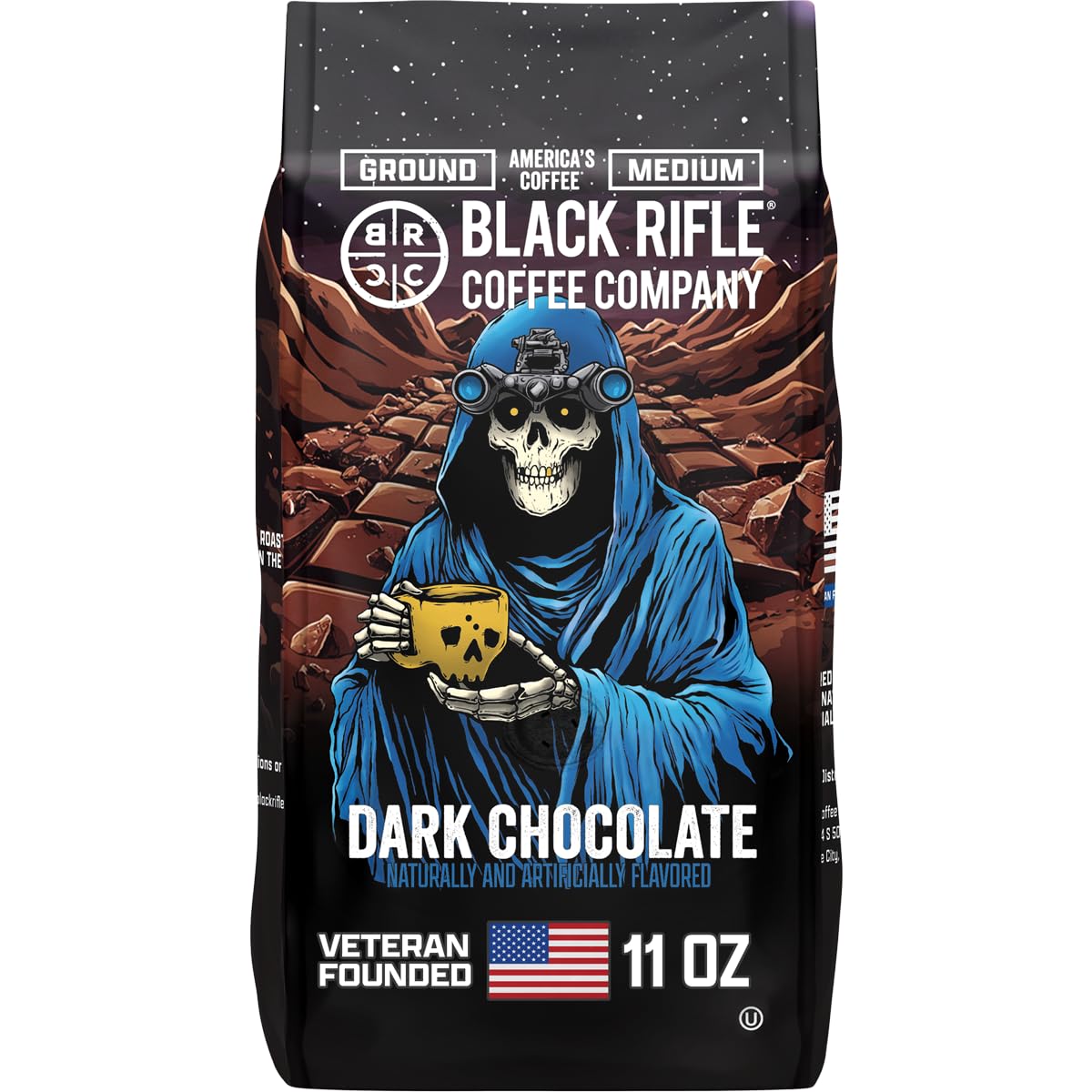 Black Rifle Coffee Company Dark Chocolate Roast 11oz Gound Coffee with Smooth, Indulgent Dark Chocolate Notes for a Decadent Brew.