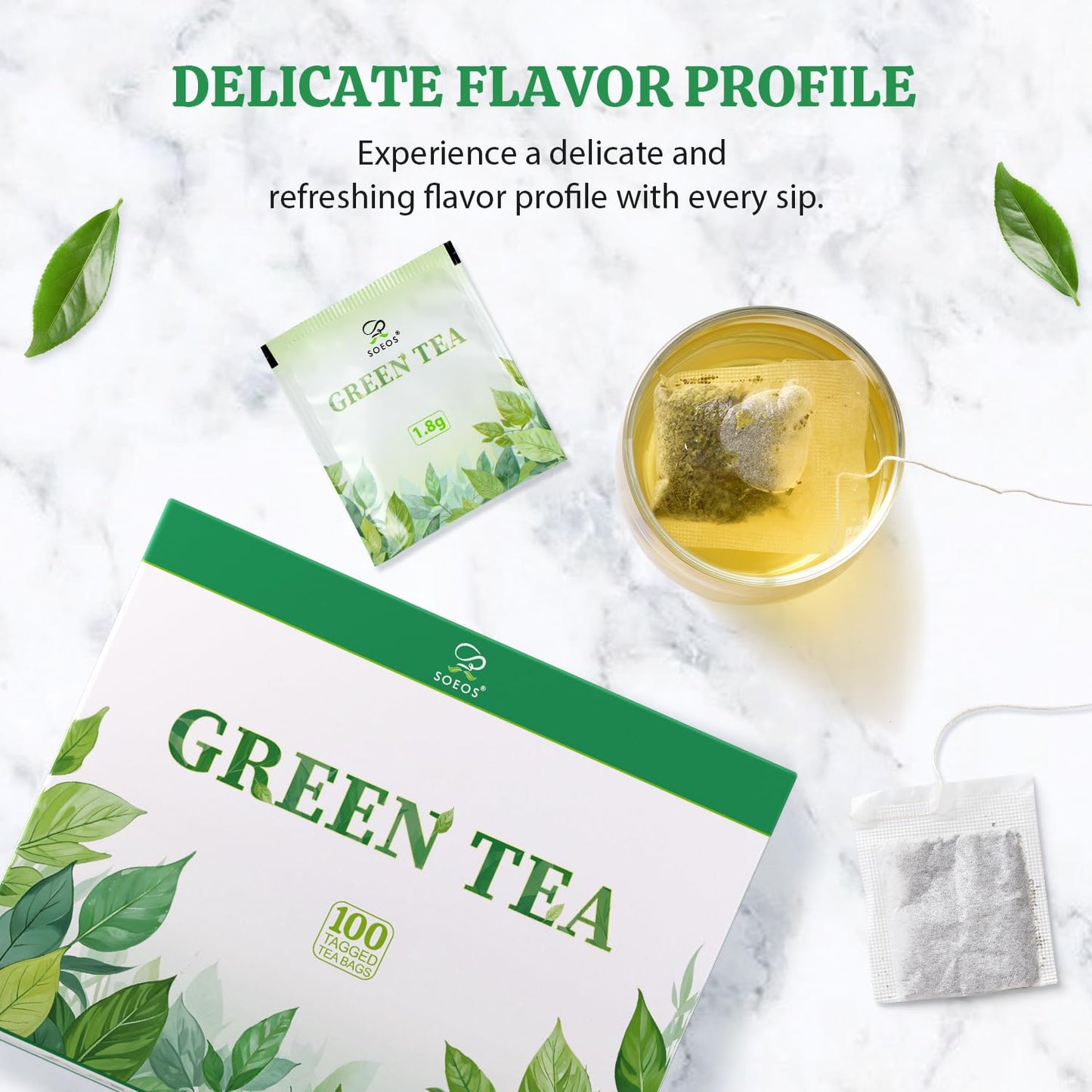 Soeos Green Tea, 6.3 oz (180g), 100 Tea Bags, Refreshing and Fragrant, Sustainably Sourced, Ideal for Hot or Iced Tea, Long-Lasting Freshness