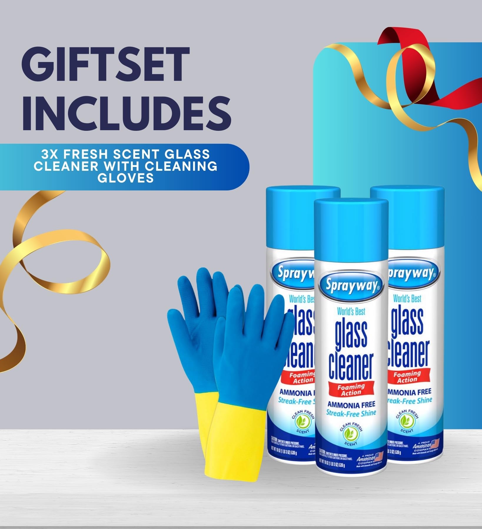 Sprayway Glass Cleaner Spray 19 oz Bundle with Pair of Gloves - Sprayway Window, Mirror and Shower Glass Cleaner - Streak-Free Shine - (4 Items)