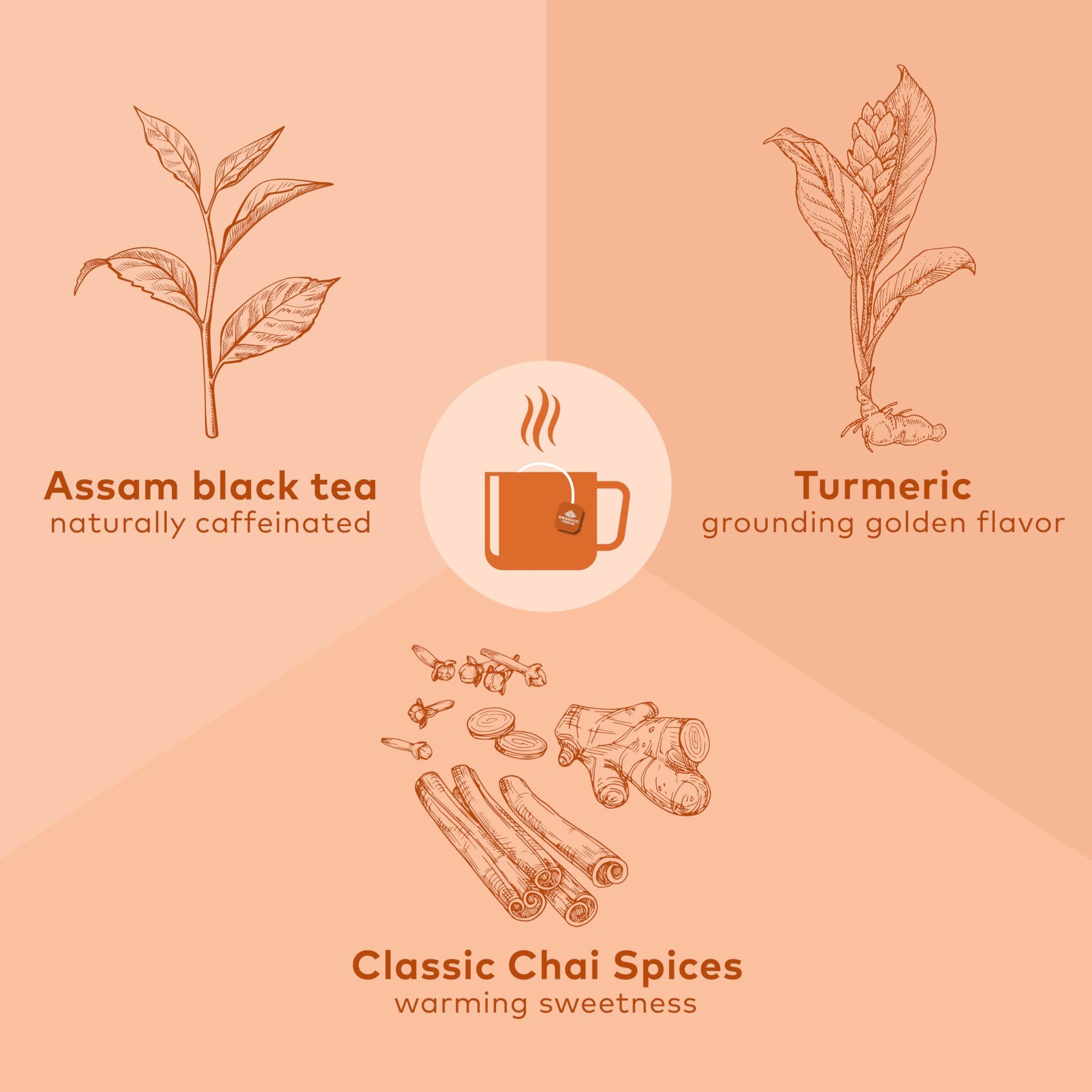 ORGANIC INDIA Tulsi Turmeric Chai Tea - Herbal Tea Bags with Caffeine, Ginger Root, Cinnamon, Holy Basil, Stress Relieving and Energizing, Immune