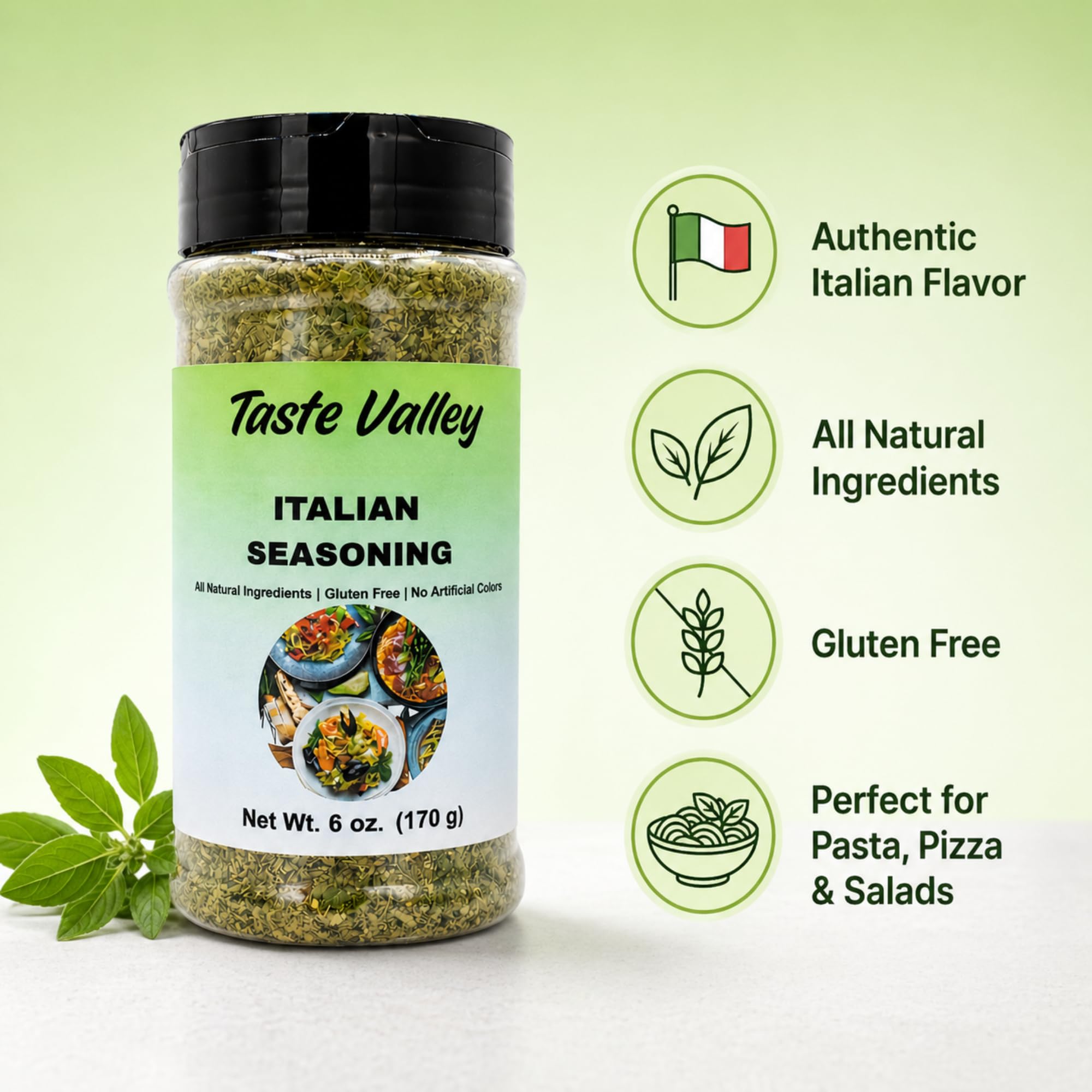 Taste Valley Italian Seasoning Blend 6 oz - Gluten Free Dried Herb Mix with Garlic Basil Oregano Rosemary Thyme - For Pasta Pizza Chicken Vegetables