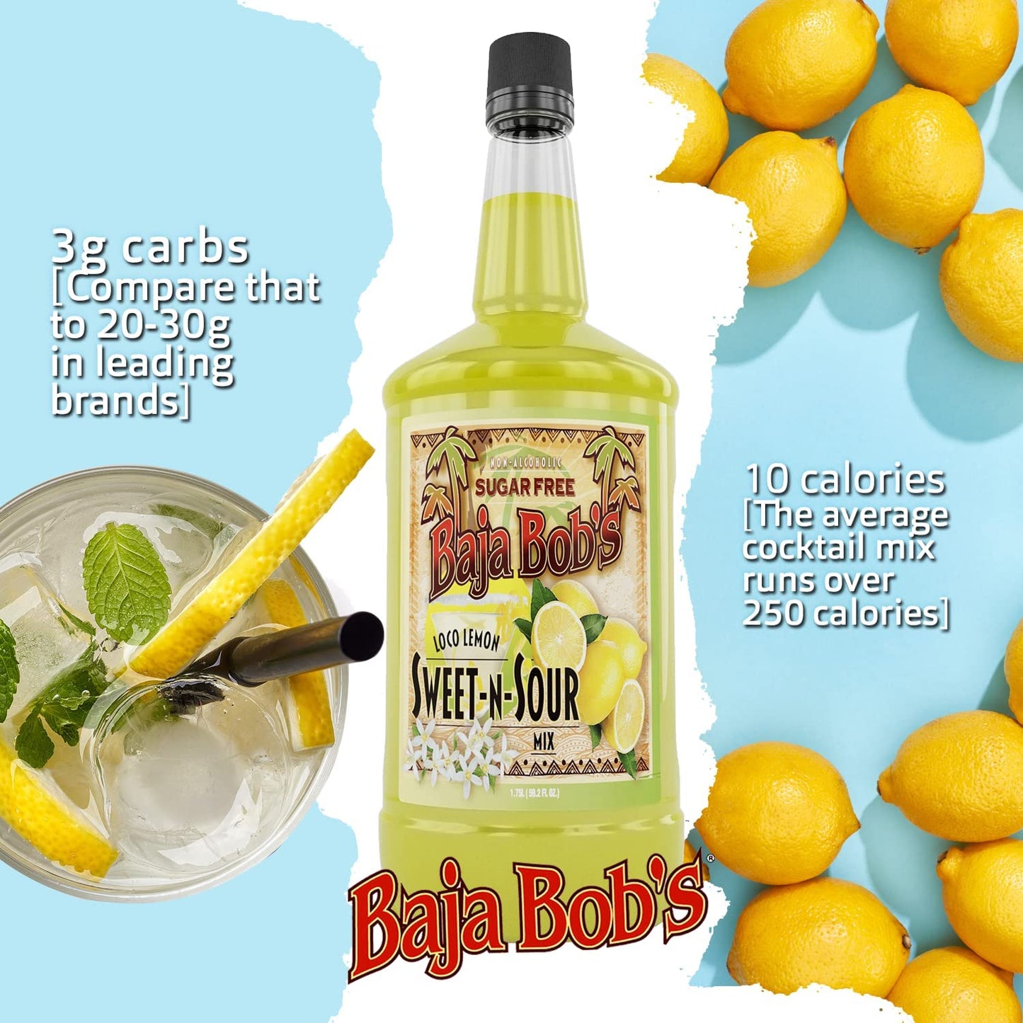 Baja Bob's Sweet n Sour Mix 1.75 L Bottle - Sugar Free Cocktail Mixer - Keto Friendly - Low Calorie - Low Carb - Non-Alcoholic Margarita Mix