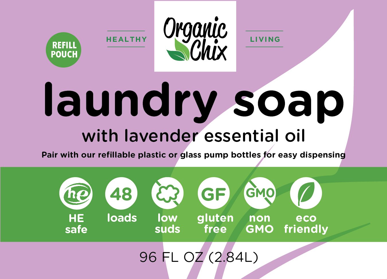 Organic Chix, all natural Laundry Soap, lavender infused, free & clear 96oz Spout Pack