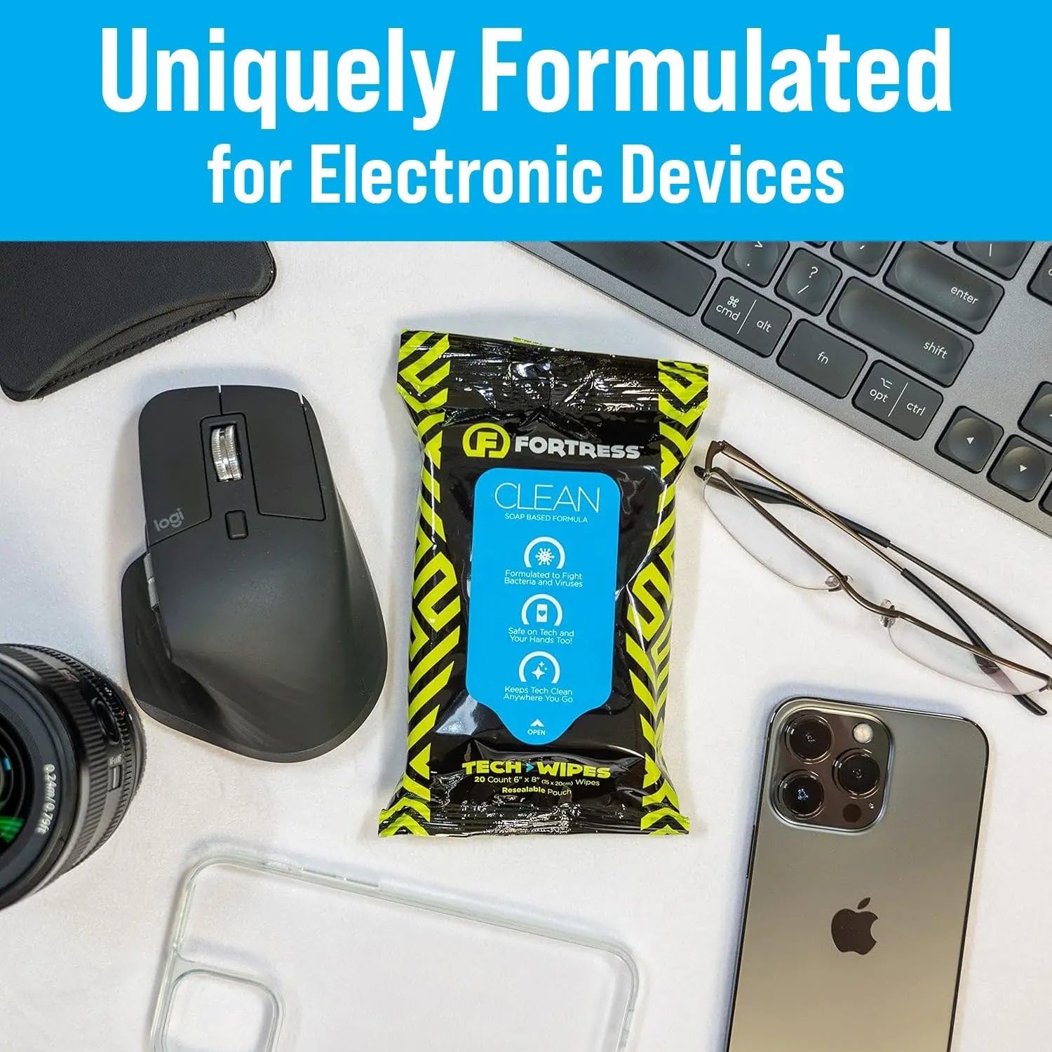 Fortress Electronic Wipes (25 ct, Pack of 4) To-Go Tech Wipes for Screens, Phones, Keyboards, TV Monitors, Computer Screens, and More [Travel Size]