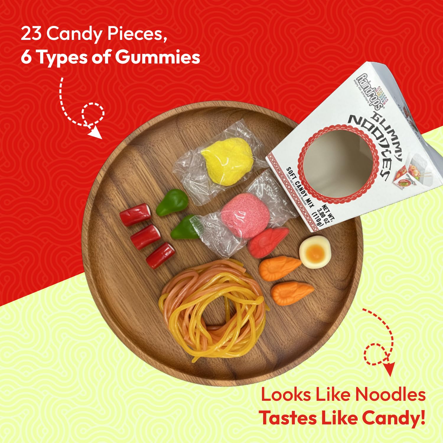 Raindrops Gummy Noodles Candy Mix - 3.88 oz Box, 23 Pieces (Pack of 1) - Fun Takeout-Style Candy Box - Made w/Delicious & Various Candies - Ideal
