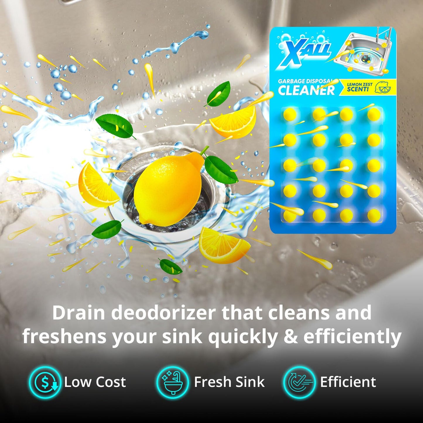 X-ALL Garbage Disposal Cleaner Deodorizer Tablets - 24 Pack, New Powerful Foaming Formula - Deep Cleaning and Odor-Eliminator with Lemon Scent
