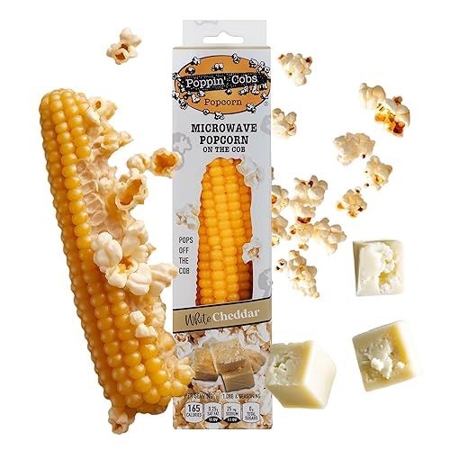 Poppin Cobs Microwave Popcorn on the Cob (8 PK) (White Cheddar) Whole Popcorn Kernels, Individually Wrapped Healthy Pop Corn on the Cob with Bags