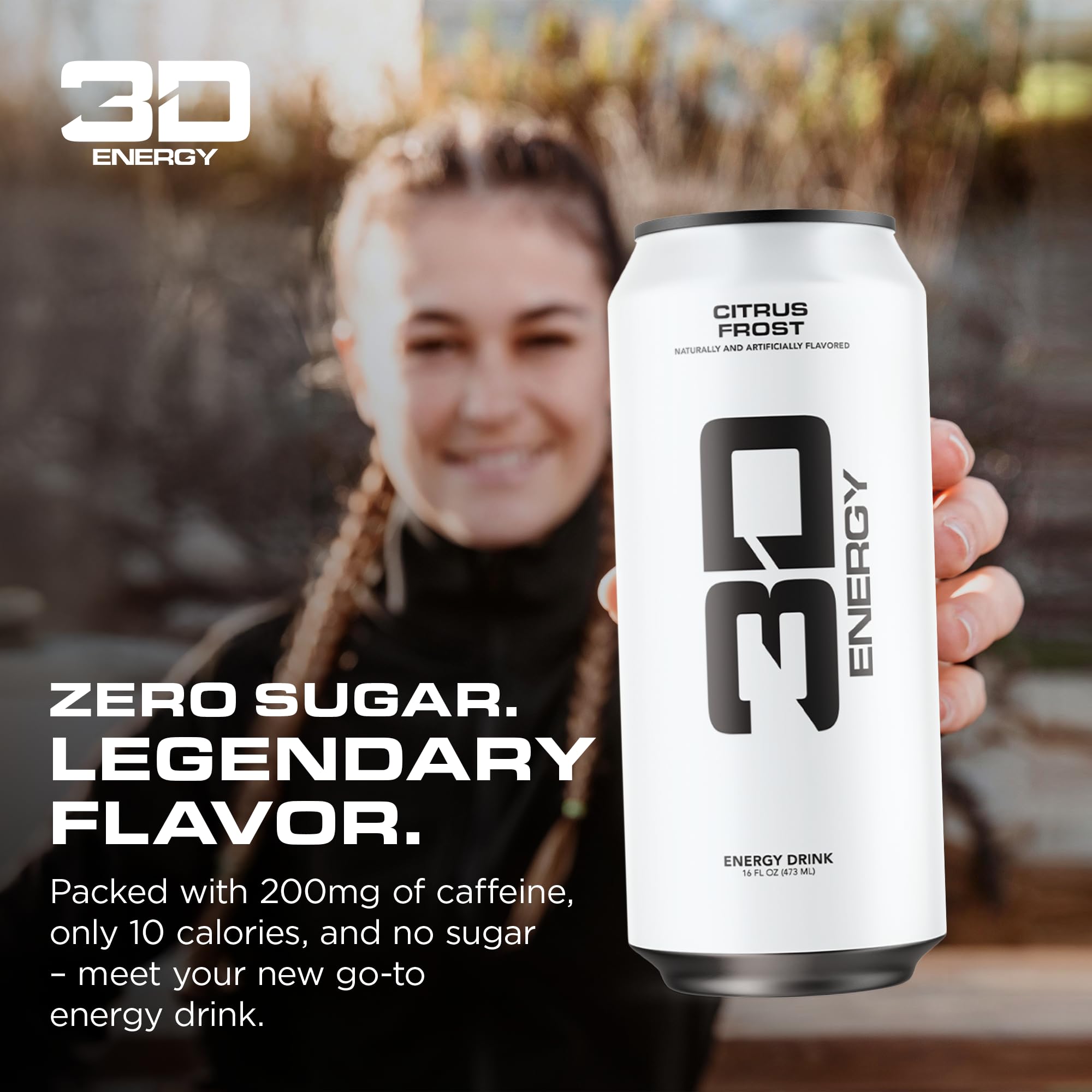 3D Energy Drink - Sugar Free, 200mg Caffeine, Pre Workout, Taurine, L-Carnitine, Lightly Carbonated, 16oz Cans, 12 Pack - Citrus Frost