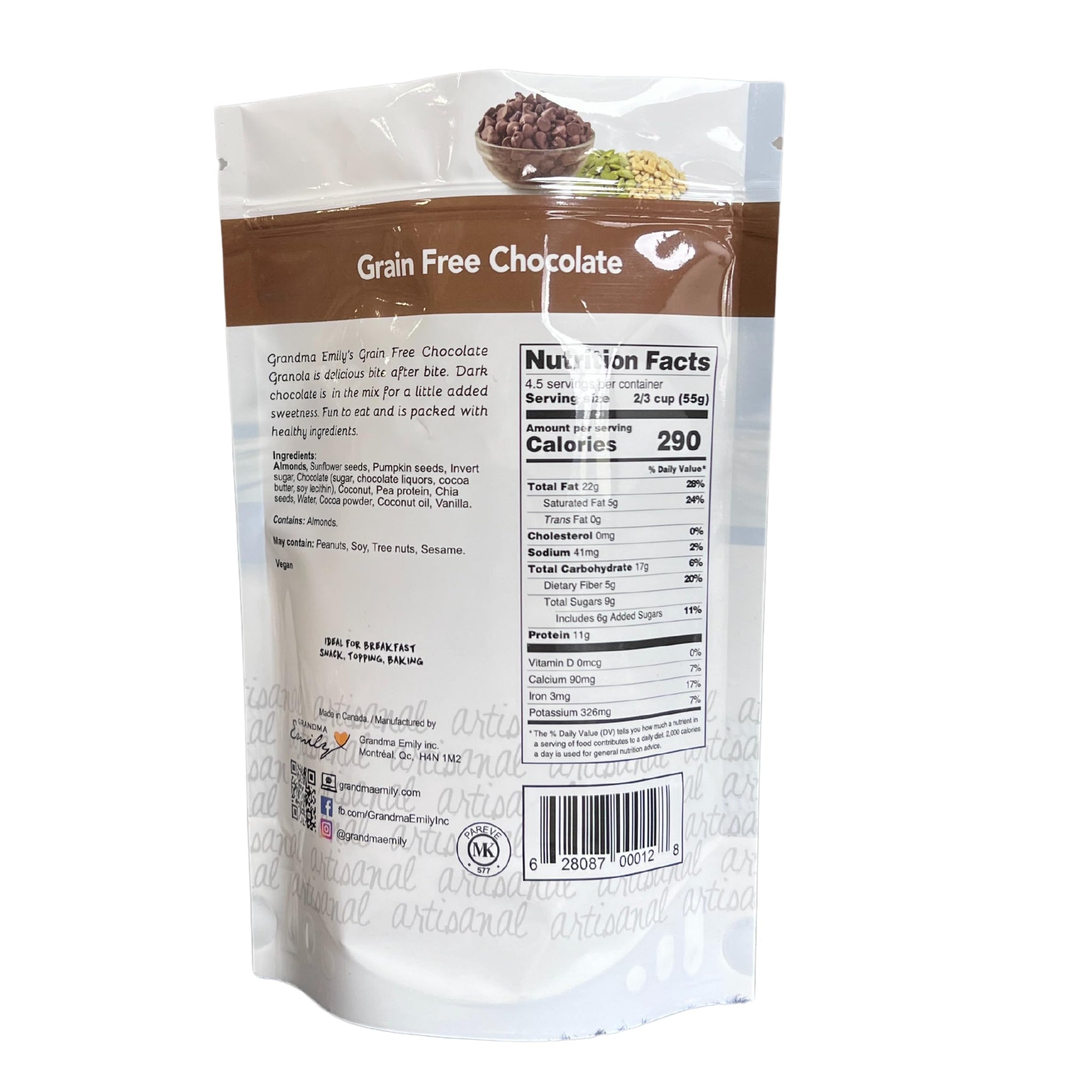 Grandma Emily Grain-Free Chocolate Breakfast Granola Cereal All Natural Dark Chocolate 11 g Protein, 9 ounces (Pack of 2)
