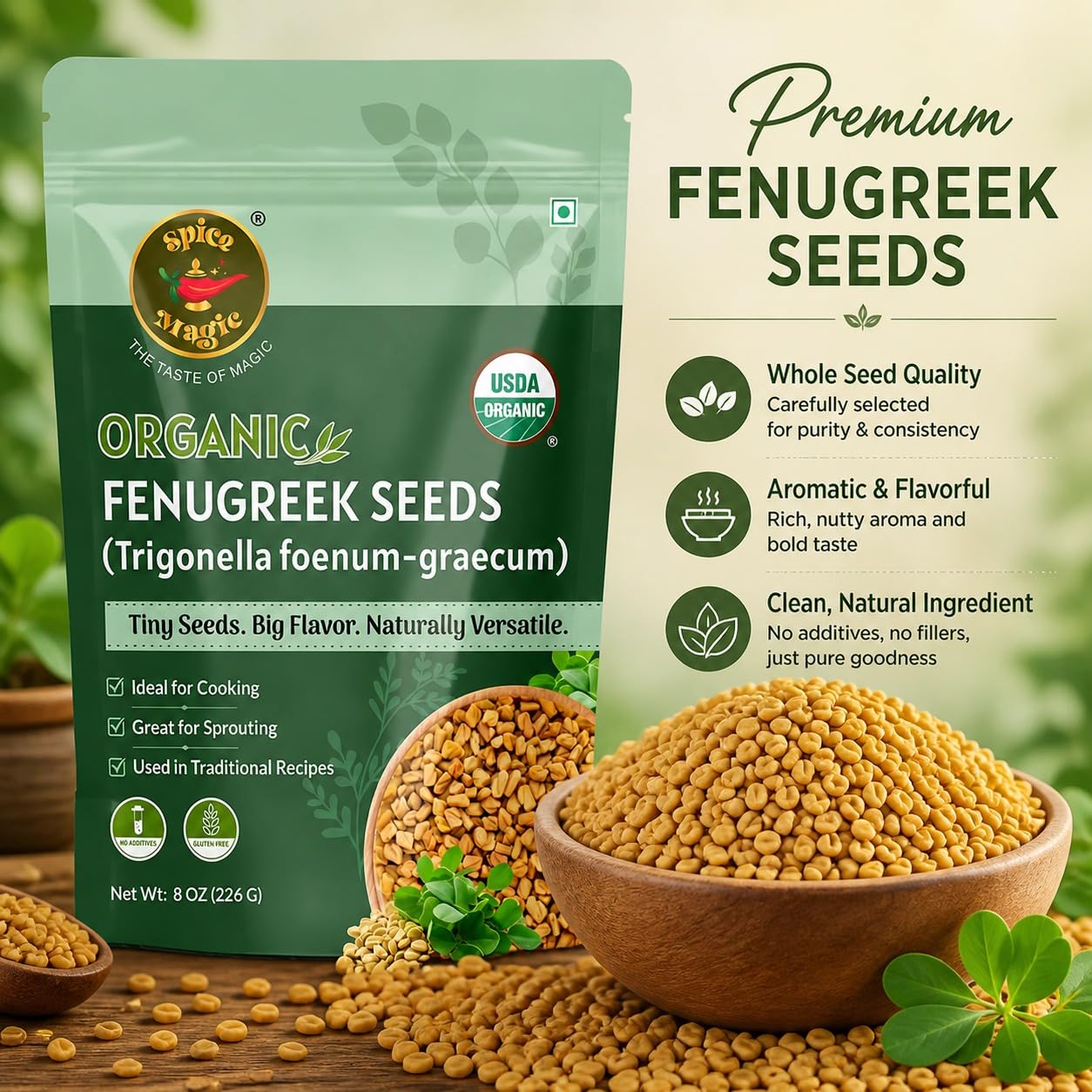 Spice Magic Organic Fenugreek Seeds 8 oz (226g) | USDA Organic Methi Seeds (Semillas de Fenogreco) | Whole Aromatic Spice | Lab Tested | Resealable