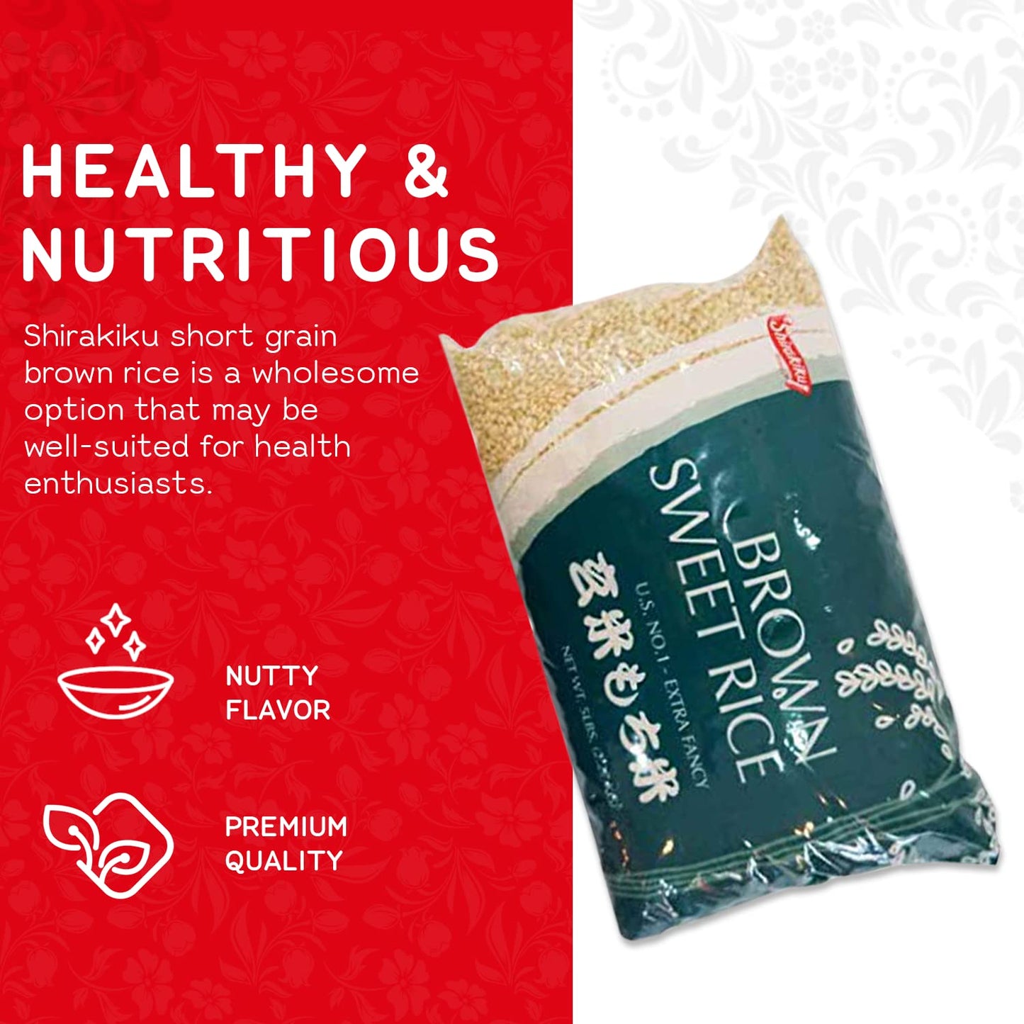 Shirakiku Sweet Brown Rice - Short Grain Japanese Style Rice with Low Calories and Dietary Fiber - Perfect for Authentic Asian Cuisine | Risotto, Rice Pudding, and Sushi | 5-Pound (Pack of 1)