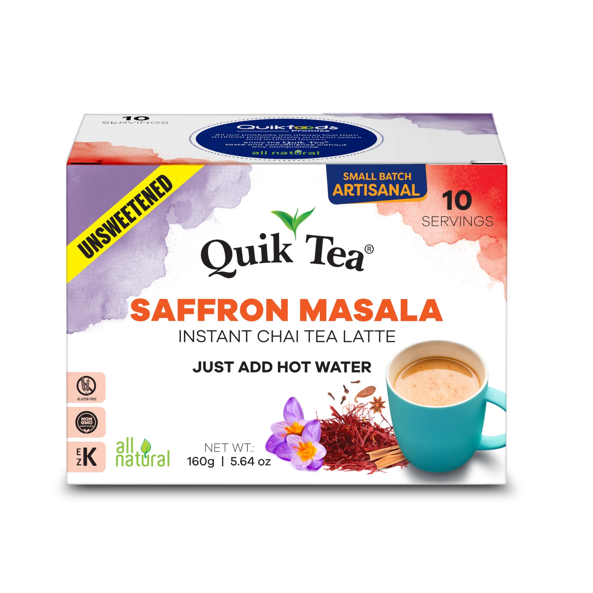 QuikTea Instant Saffron Masala Chai Tea Latte Unsweetened, 10 Single-Serve Sachets, Artisanal Indian Chai Latte Mix, Just Add Hot Water, Low Caffeine