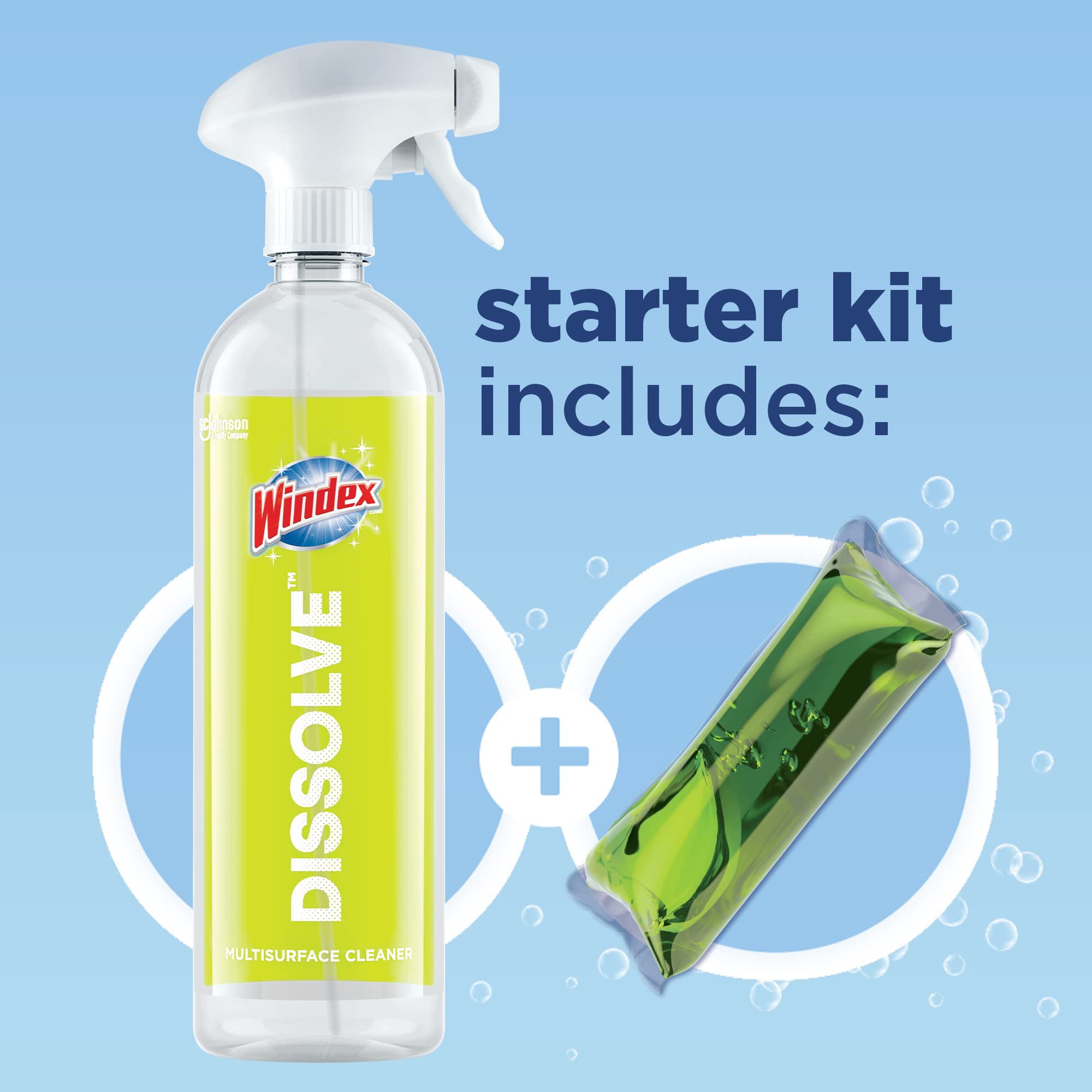 Windex Dissolve Concentrated Pods, Multisurface Cleaner Starter Kit contains 1 Reusable Bottle, 1 Concentrated Dissolvable Pod
