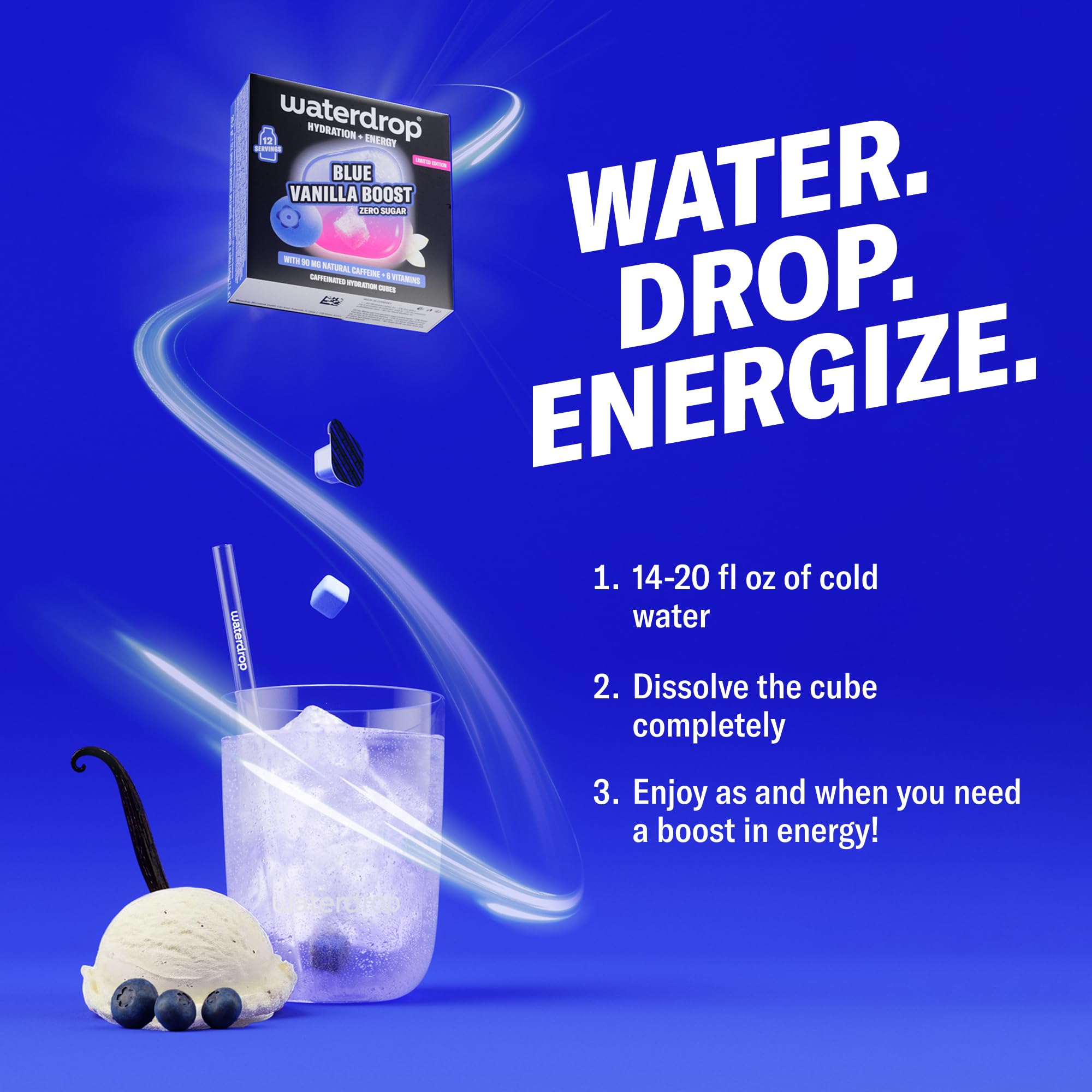 Waterdrop Microenergy Berry, Mango & Blue Vanilla Boost Mix - 36 Hydration Cubes with Natural Caffeine (90 mg/serving) - Sugar-Free, Vegan