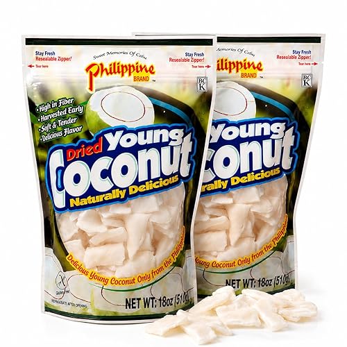 Philippine Brand Premium Dried Coconut Strips and Chunks - 2 Pack -18 oz Natural Young Coconut Meat Snacks from the Philippines - Healthy Filipino