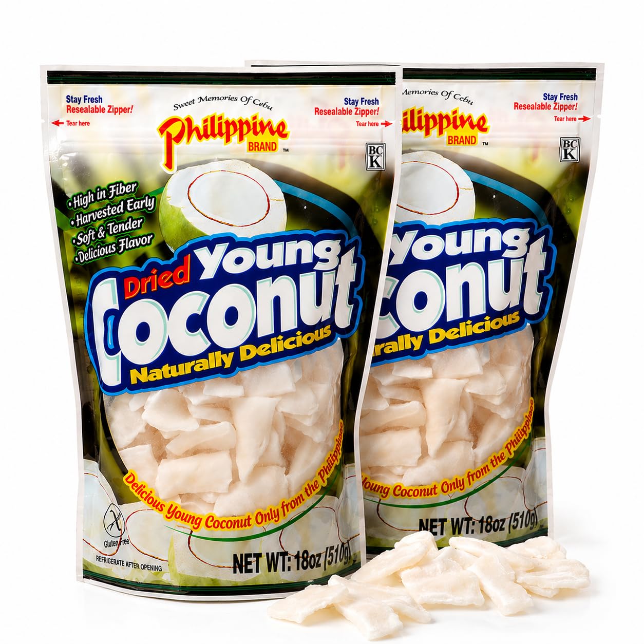 Philippine Brand Premium Dried Coconut Strips and Chunks - 2 Pack -18 oz Natural Young Coconut Meat Snacks from the Philippines - Healthy Filipino