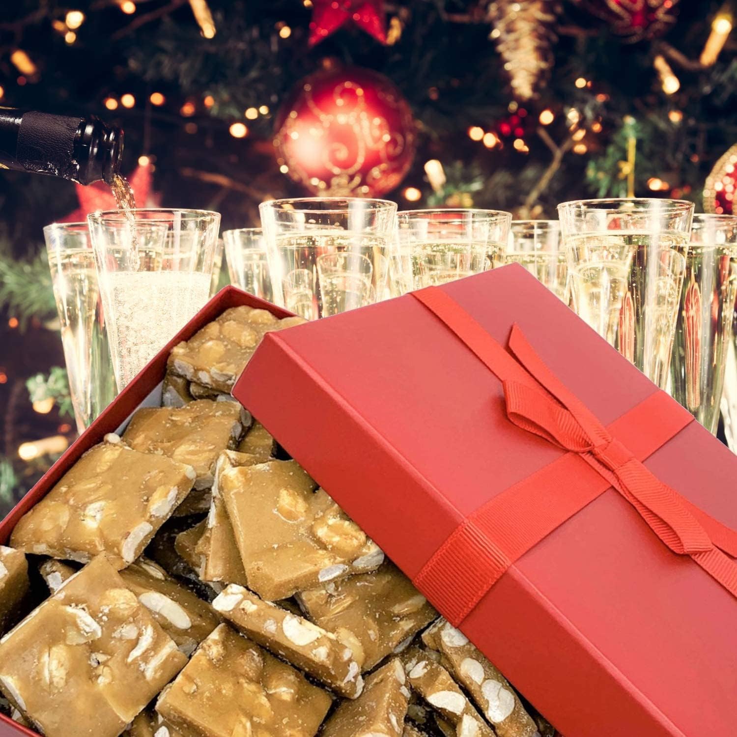 Gourmet Peanut Brittle Red Gift Box - by Its Delish | Handmade Old-Fashioned Style | Beautiful & Delicious Square Pieces 16 Oz Peanuts Brittle |