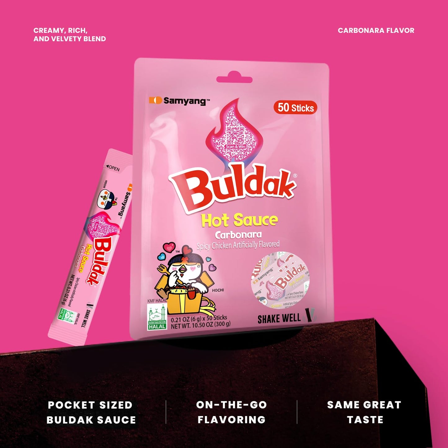 Samyang Buldak Korean Spicy Hot Chicken Stick Sauce Carbonara Flavor Authentic Korean Sauce for Ramen Snacks and Dipping 0.17 fl oz (Pack of 50)