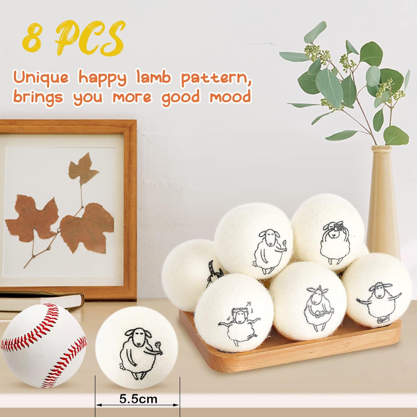 Wool Dryer Balls, 8PCS Dryer Balls with Happy Sheep - Natural & Organic, 100% New Zealand Wool Handmade, Chemical-Free Reusable Laundry Balls