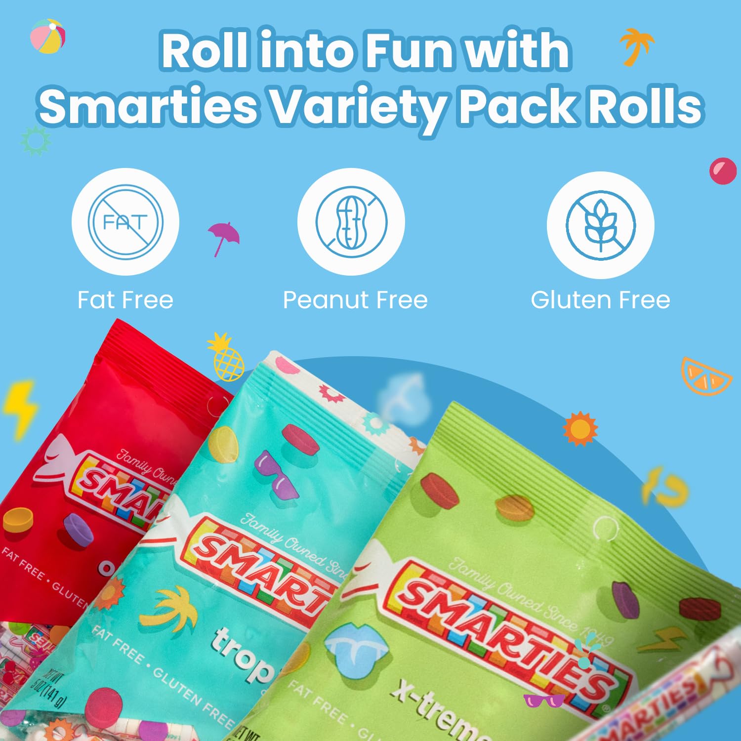 Smarties Candy Triple Variety Pack Rolls - Gluten Free Vegan Assorted Flavors, Tropical & X-Treme Sour Candy - Family Owned Company Since 1949