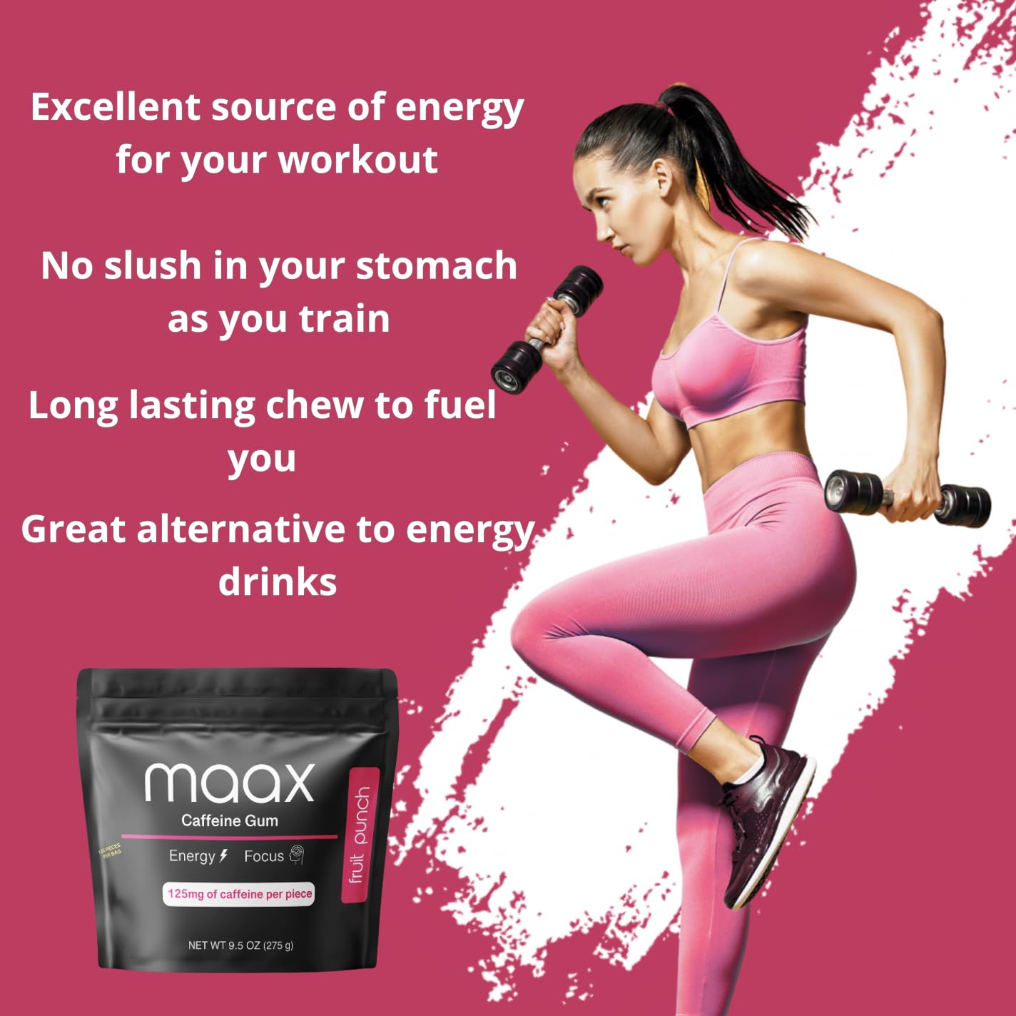Maax Caffeine Energy Gum | 125mg of caffeine per piece | Fruit Punch | 125 total pieces per bag