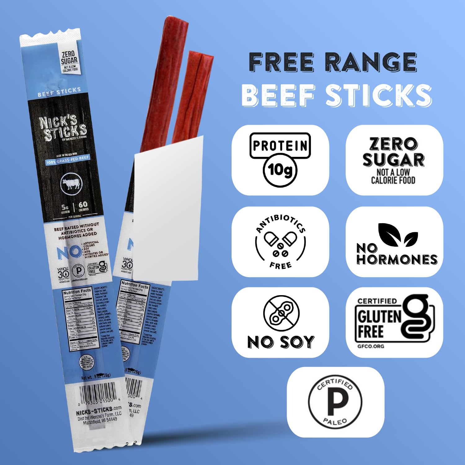 Nick's Sticks Clean & Balanced 100% Grass-Fed Beef Snack Sticks | Made in the USA | Gluten Free | Paleo, Keto, Whole30 Approved | No Soy, Antibiotics