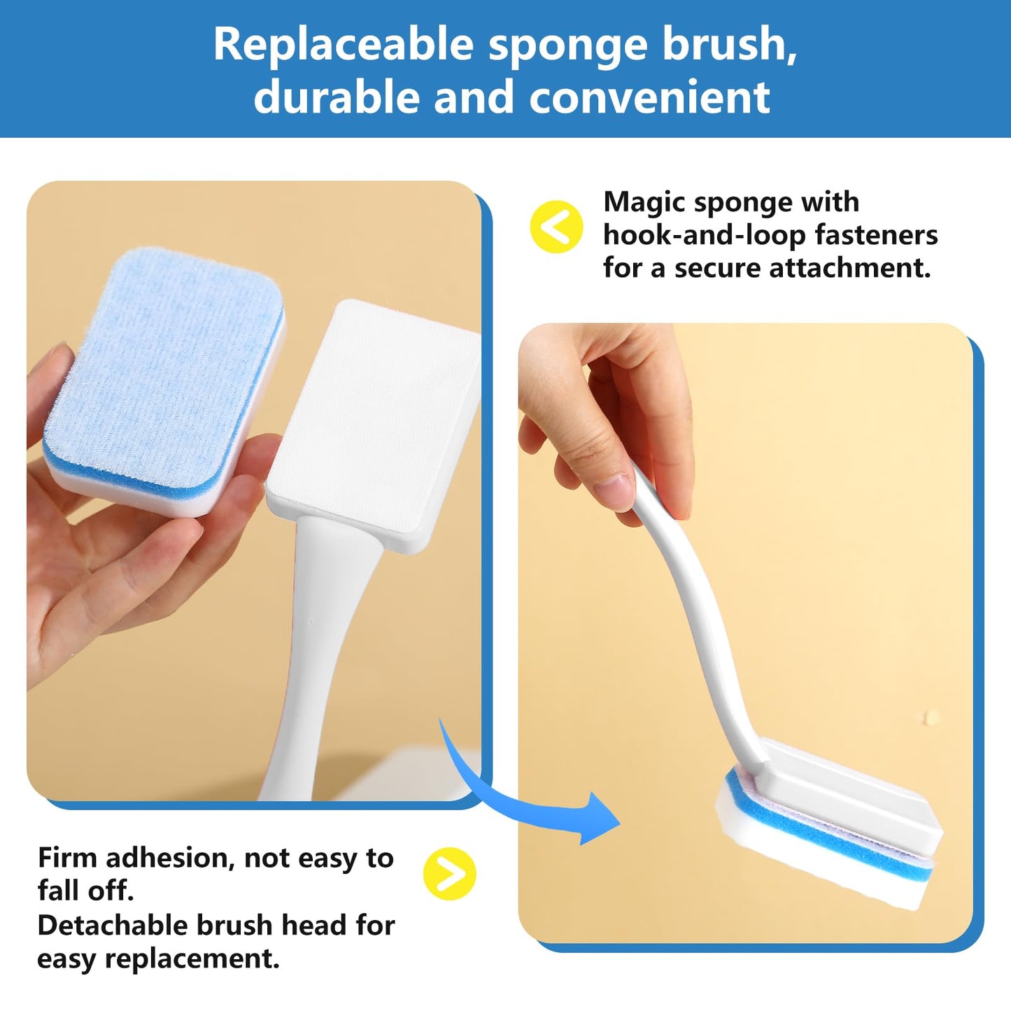 Magic Sponge Eraser Brush with Handle - 20 Pack Replacement Pads, Easy Swap Hook & Loop Fastener, Cleaning Tool for Kitchen, Bathroom, Tile, Sink