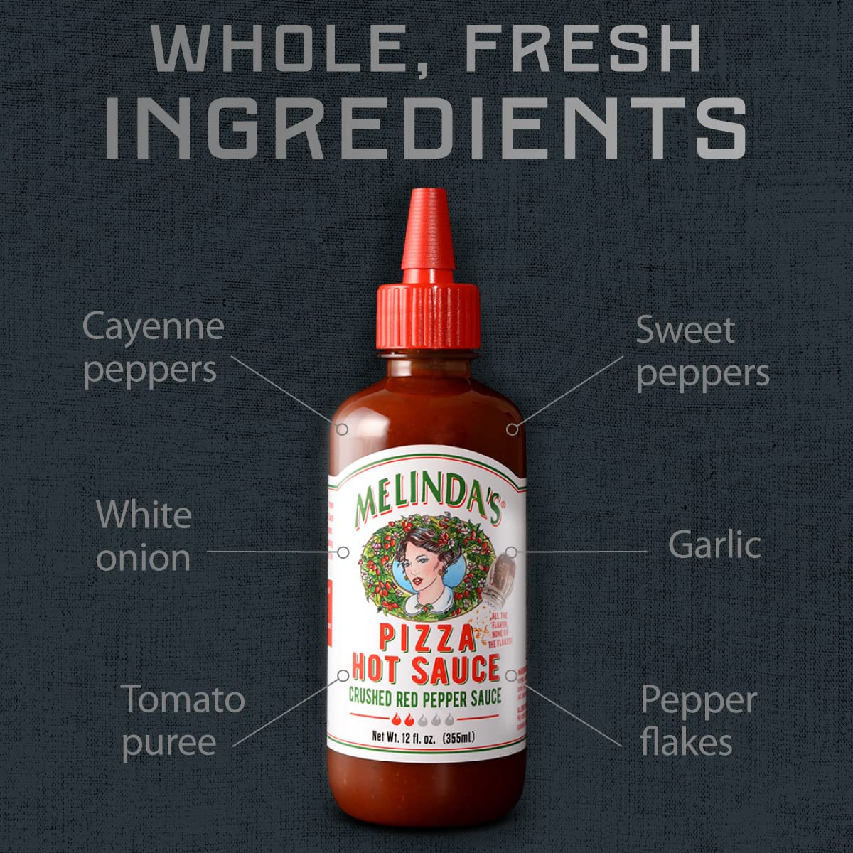 Melinda’s Pizza Hot Sauce - Crushed Red Pepper Sauce Made with Fresh Ingredients, Cayenne Peppers, Garlic, Tomatoes - Gourmet Spicy Pizza Sauce