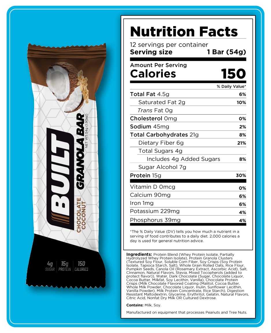 BUILT Protein Granola Bars, Coconut Granola, 12 bars, Protein Snacks, 15g of Protein, Collagen, Chocolate Protein Bar with only 150 calories & 4g