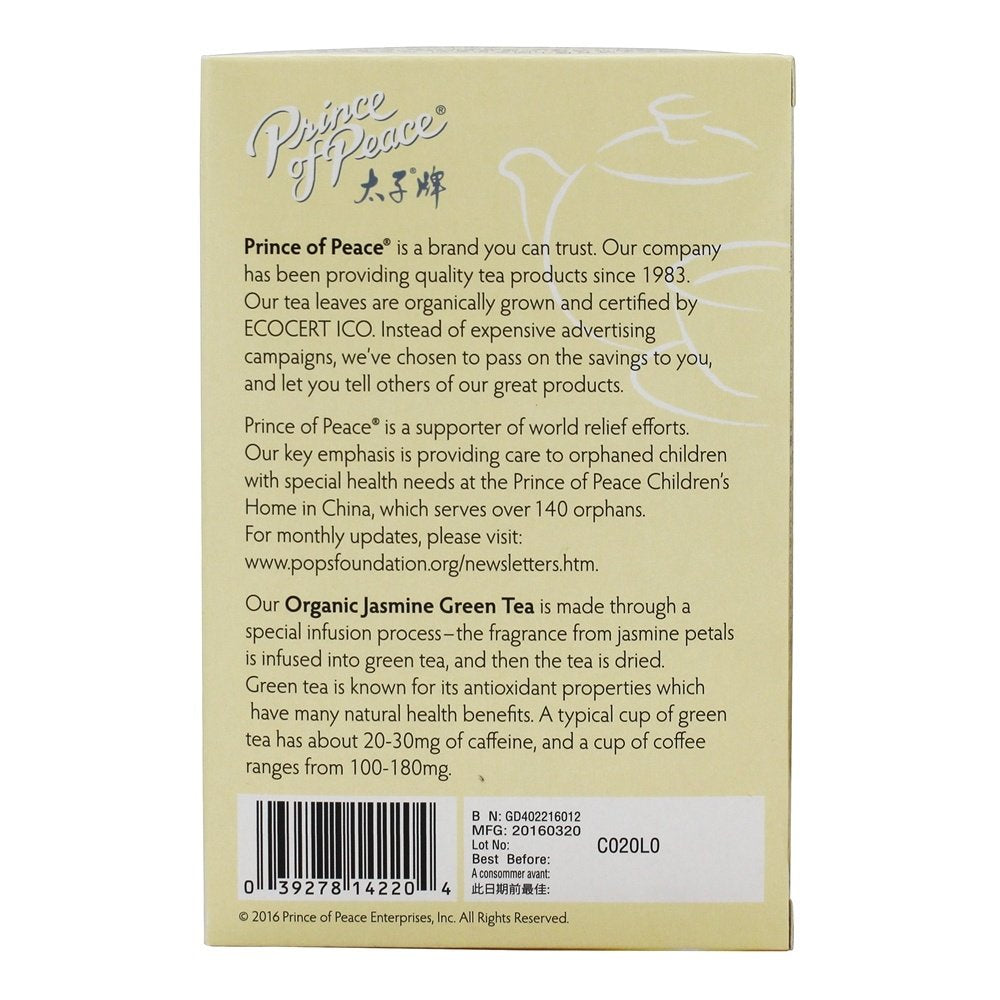 Prince of Peace Organic Jasmine Green Tea, 20 Tea Bags - 100% Organic Green Tea - Unsweetened Green Tea - Lower Caffeine Alternative to Coffee