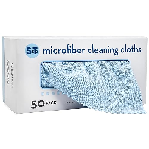 S&T INC. 50 Pack Microfiber Cleaning Cloth with Box, Bulk Towels for Home, Reusable Microfiber Towels for Cars, Cleaning Rags, Blue Color will Vary