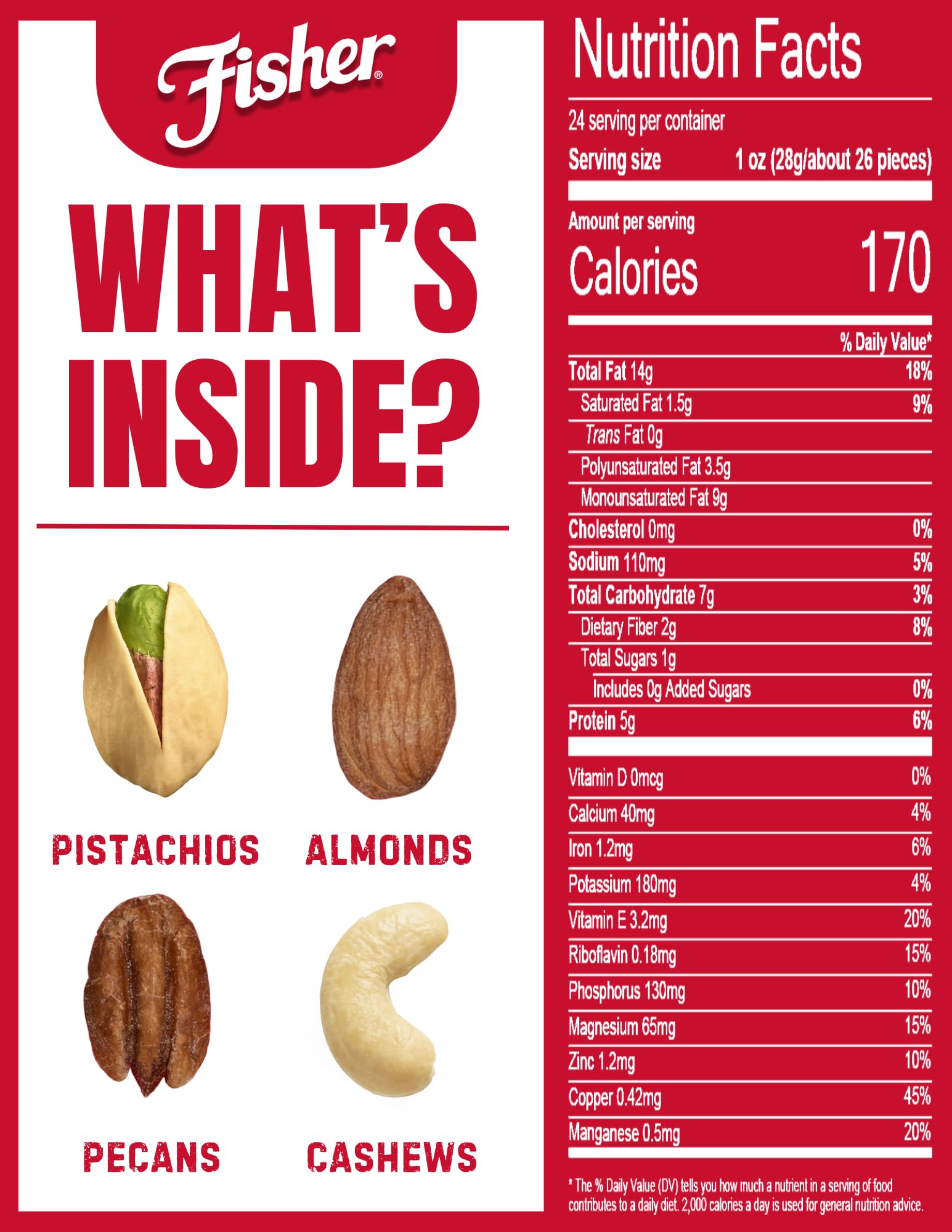 Fisher Oven Roasted Never Fried Deluxe Mixed Nuts, 24 Ounces (Pack of 1), Almonds, Cashews, Pecans, Pistachios, Healthy Snacks for Adults, Made