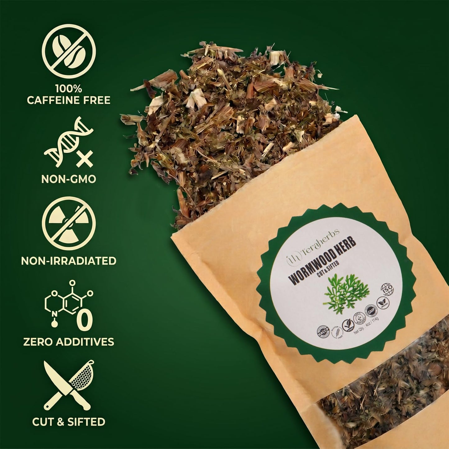 TeraHerbs | Organic Wormwood Herb 4oz Cut & Sifted Artemisia Absinthium | Dried Wormwood Tea In Eco Friendly Resealable Bag | Ajenjo Hierba Natural