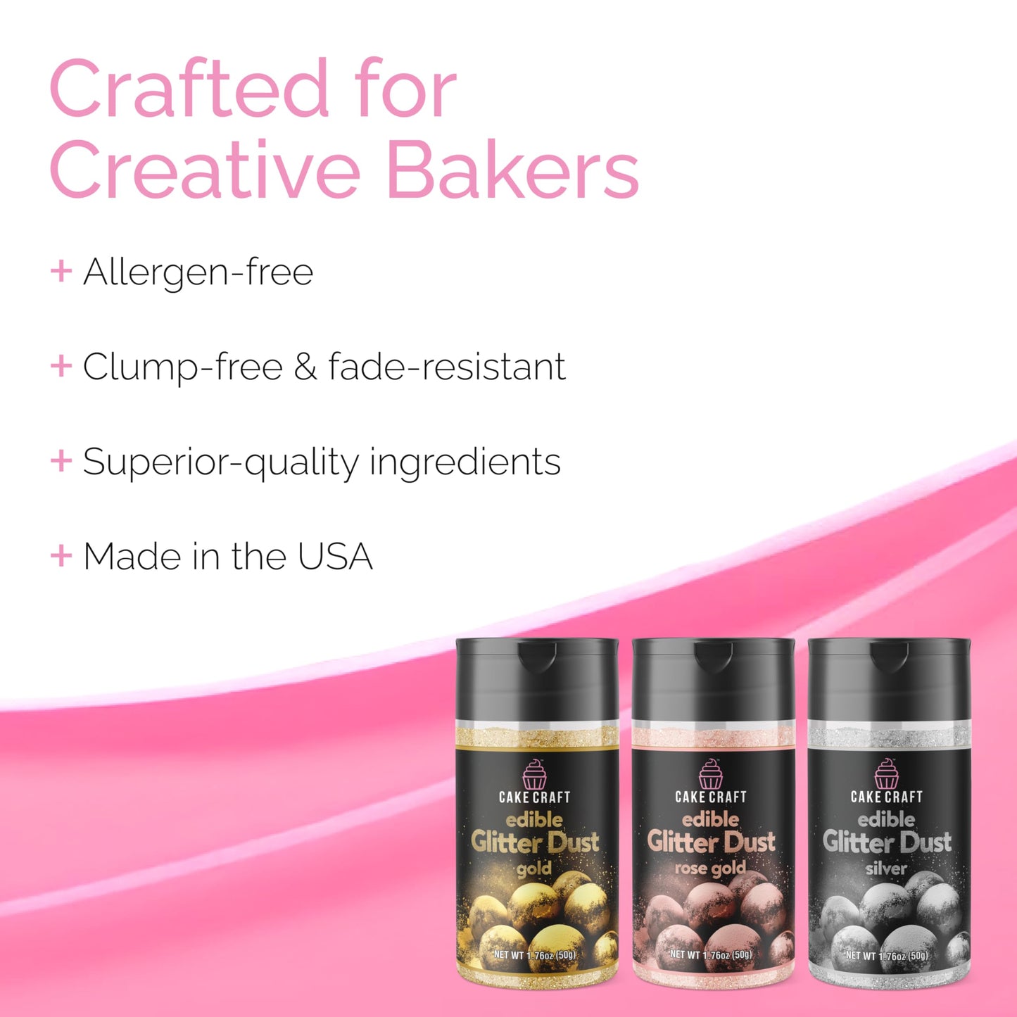 Cake Craft Edible Glitter Dust 3-Pack | 100% Edible Food-Safe Glitter for Cakes, Cupcakes, Cocktails & Desserts | Gold, Silver, Rose Gold