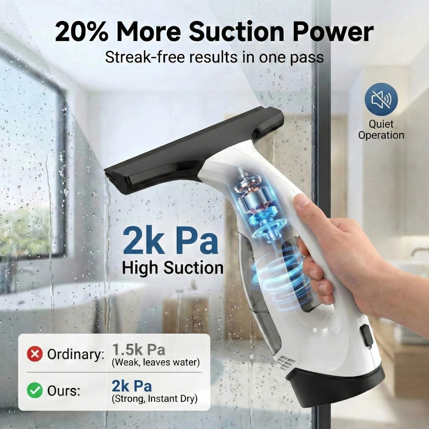 Electric Window Vacuum Squeegee, 2200mAh & 2000Pa Cordless Window Cleaner Tool with 150ml Water Collection Tank, Window Cleaning Kit for Shower Glass