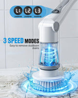 Cordless Electric Spin Scrubber, 4 Angles with 8 Replaceable Brush Heads, Adjustable Handle 3 Speeds with LED Display-90Mins Runtime, IPX7 Waterproof