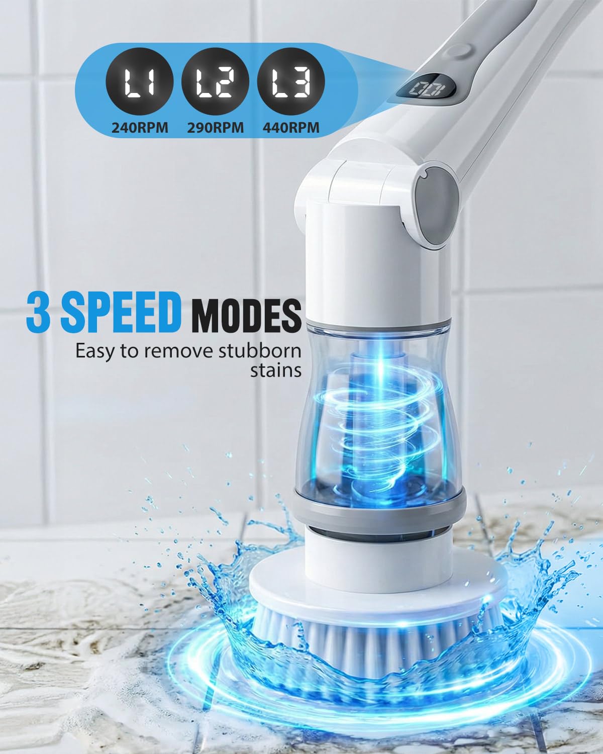 Cordless Electric Spin Scrubber, 4 Angles with 8 Replaceable Brush Heads, Adjustable Handle 3 Speeds with LED Display-90Mins Runtime, IPX7 Waterproof