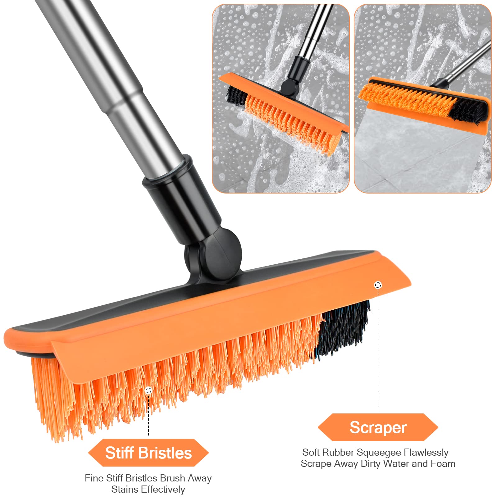 2 in 1 Floor Brush Scrubber with Long Handle Telescopic 3 Poles 61.8'' Grout Brush Scrape Stiff Bristle Cleaning Scrub Brush with Squeegee