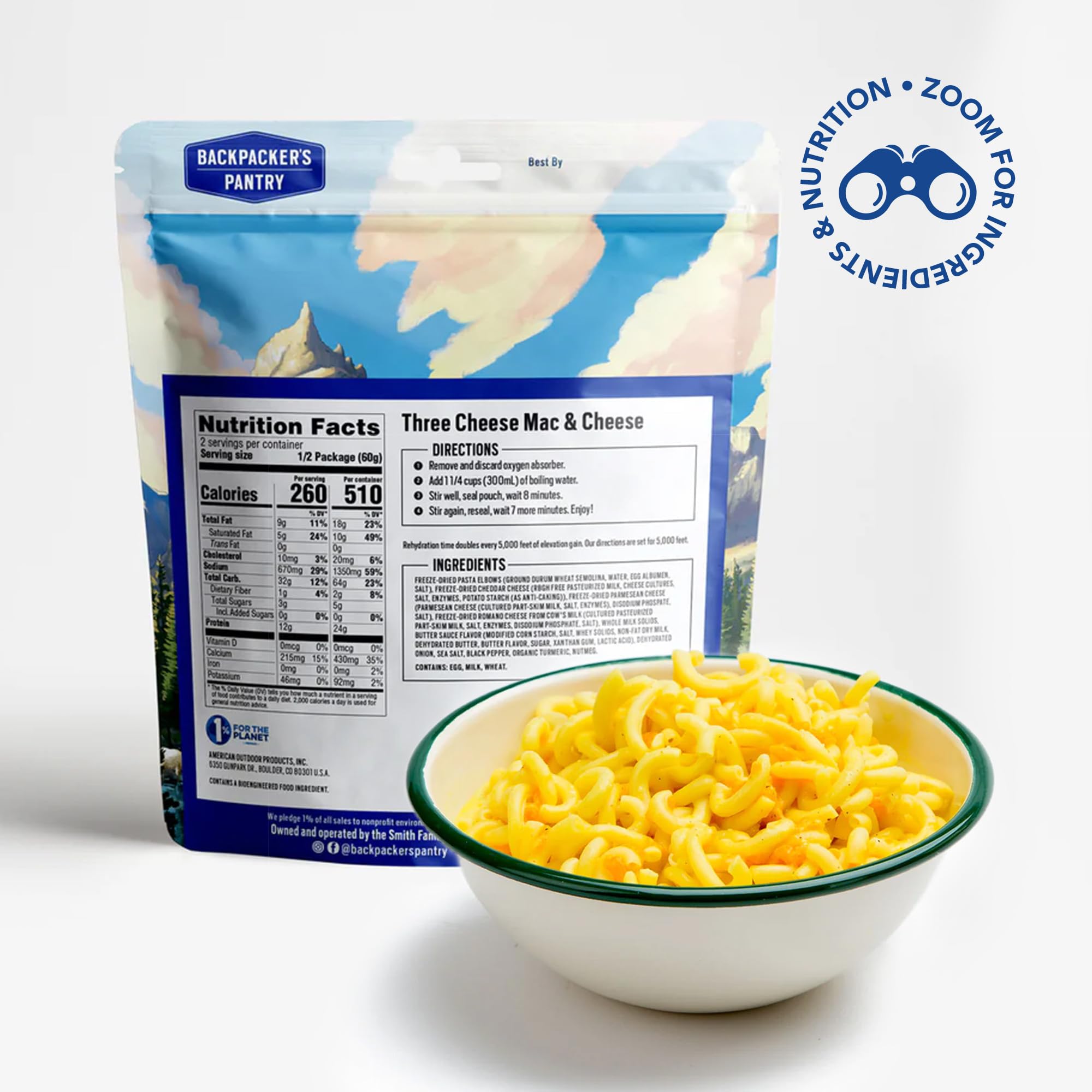 Backpacker's Pantry Three Cheese Mac & Cheese - Freeze Dried Backpacking & Camping Food - Emergency Food - 24 Grams of Protein, Vegetarian - 1 Count