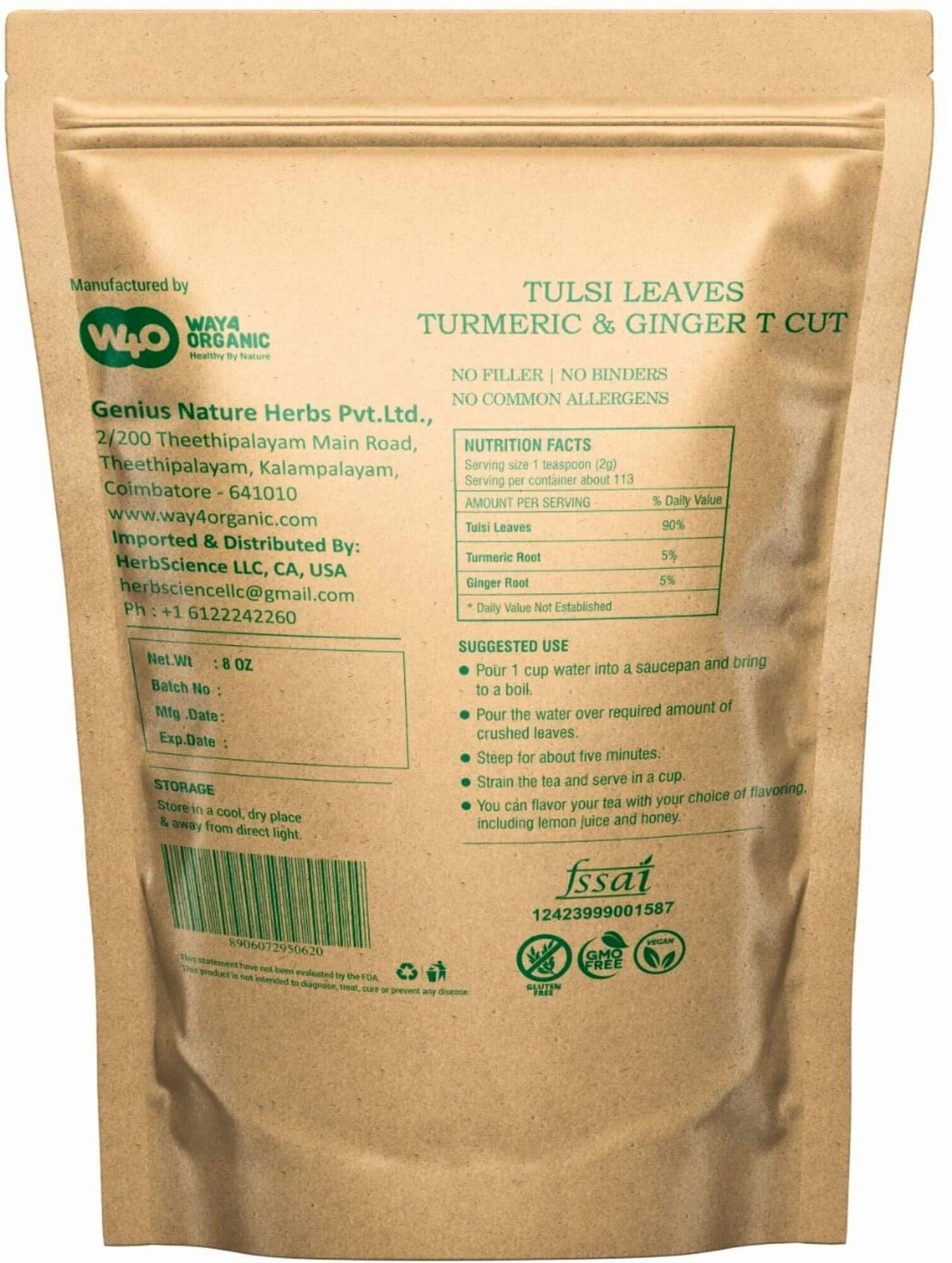 Holy Basil Tea, 8 Oz with Ginger and Turmeric, Tulsi Krishna Cut & Sifted Herbal Tea, Dried Pure Holy Basil Tulsi Leaves, Immune support with Multiple
