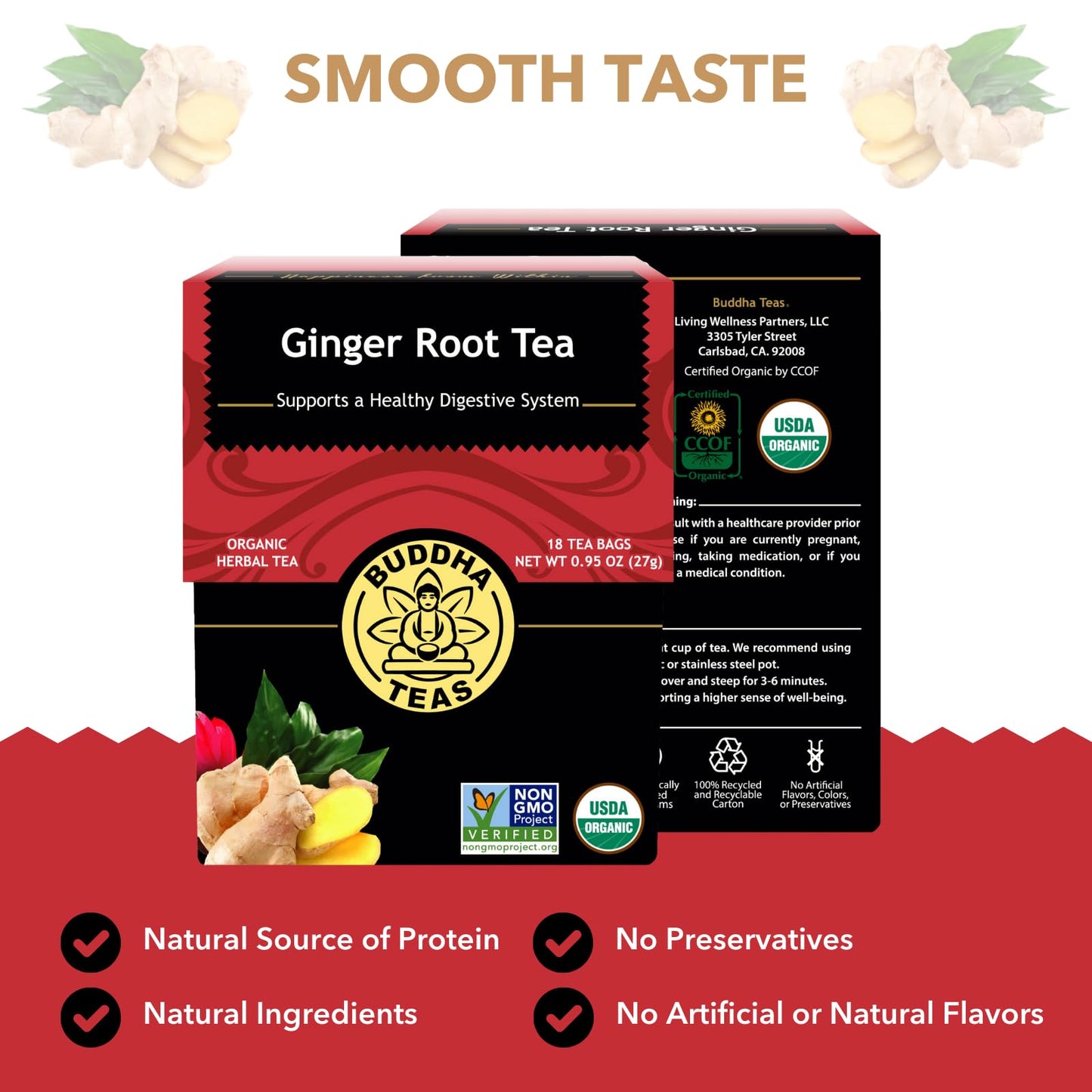 Buddha Teas - Organic Ginger Root Tea - Herbal Tea - For Health & Wellbeing - With Antioxidants & Minerals - Clean Ingredients - Caffeine Free - OU