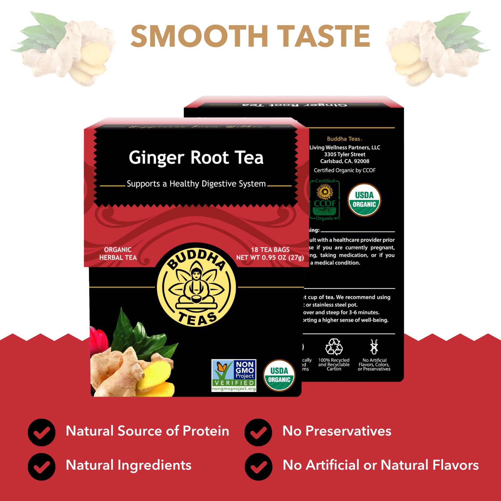Buddha Teas - Organic Ginger Root Tea - Herbal Tea - For Health & Wellbeing - With Antioxidants & Minerals - Clean Ingredients - Caffeine Free - OU
